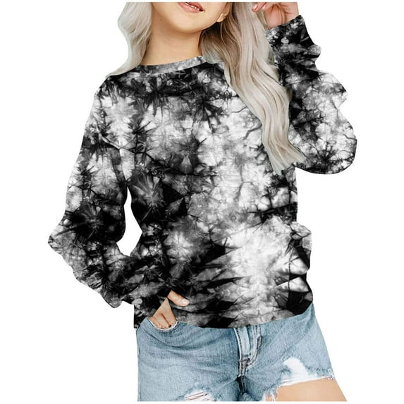 EQWLJWE Girls Spring Tie Dye Sweatshirt Color Block Long Sleeve Crew Neck Oversized Shirt Kids Loose Pullover Black for 11-12 Years