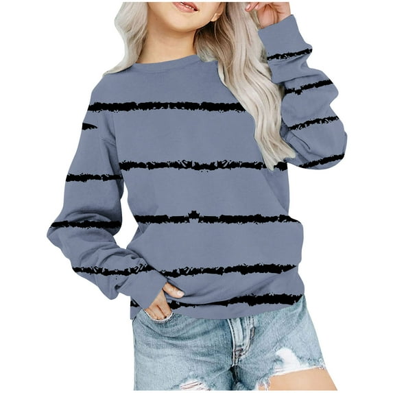 EQWLJWE Girls Striped Color Block Sweatshirts Kids Tie Dye Crewneck Long Sleeve Pullover Tops Blue for 9-10 Years