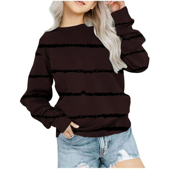 EQWLJWE Girls Striped Color Block Sweatshirts Kids Tie Dye Crewneck Long Sleeve Pullover Tops Coffee for 9-10 Years