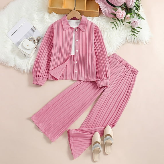 EQWLJWE Girls' Summer Outfit Casual Long Sleeve Tops Turndown Neck Collar Botton Long Pants Set for Easter (Pink,8-9 Years)