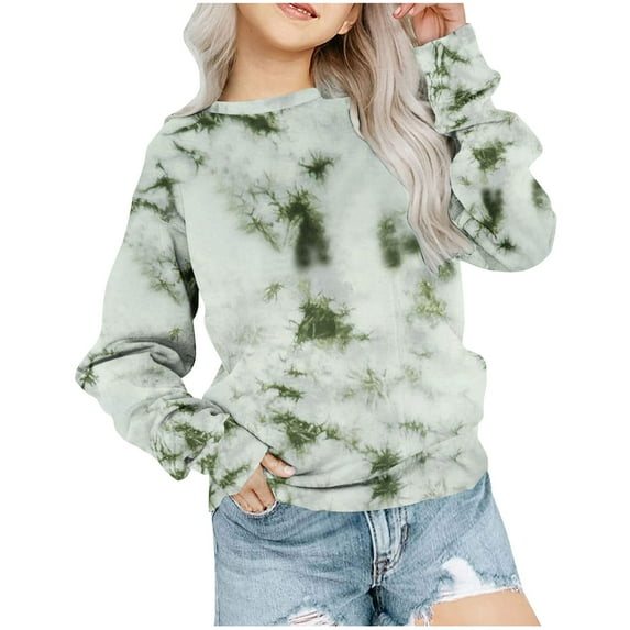 EQWLJWE Girls Tie Dye Sweatshirt Long Sleeve Crew Neck Shirt Hoodeless Loose Pullover Tops Green for 5-6 Years