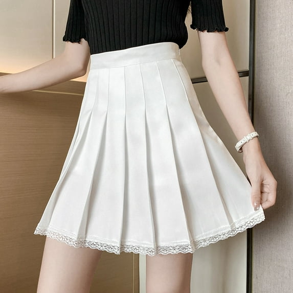 EQWLJWE Girls Women High Waisted Pleated Skirt Plain Plaid A-line Mini Skirt Skater Tennis School Uniform Skirts Lining Shorts