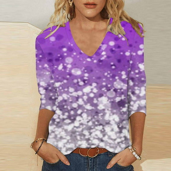 EQWLJWE Glitter Sequin Tops for Women Fall Casual V Neck 3/4 Sleeve Loose Tee Shirts Sparkly Printed Comfort Tunic Blouses for Art Deco Party Club (Purple,S-5Xl)