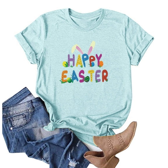 EQWLJWE Graphic Shirts for Women Casual Happy Easter Graphic Solid Color Short Sleeves Round-Neck Loose Summer Blouse Tops for Dating