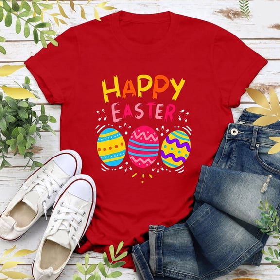 EQWLJWE Happy Easter Day Colorful Egg Hunting for Men Women, Kids T-Shirt Short Sleeve Graphic Tees Tops
