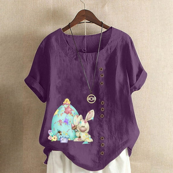 EQWLJWE Happy Easter Tops for Women Plus Size Short Sleeve Casual Round Neck Easter Bunny Eggs Graphic Shirts Loose Comfy Blouses for Travel Vacation Purple(S-5Xl)