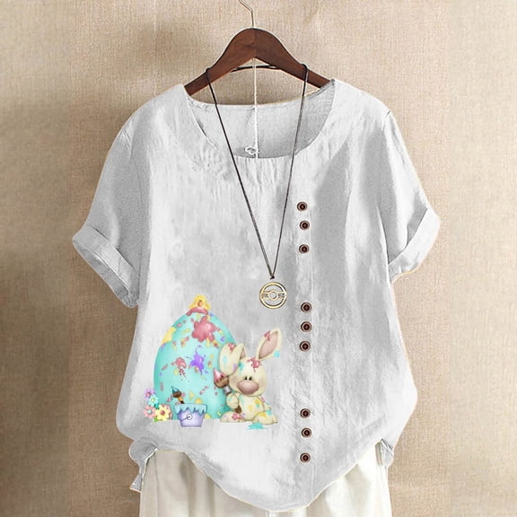 EQWLJWE Happy Easter Tops for Women Plus Size Short Sleeve Casual Round Neck Easter Bunny Eggs Graphic Shirts Loose Comfy Blouses for Travel Vacation White(S-5Xl)