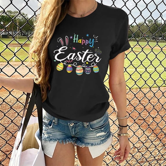 EQWLJWE Happy Easter Tshirt Woman Fun Cute Bunny Eggs Graphic Tee Shirt Hanging with Happy Easter Letter Print Novelty Tops for Work Office School Black(S-2Xl)