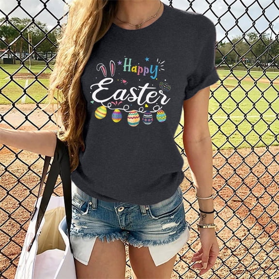 EQWLJWE Happy Easter Tshirt Woman Fun Cute Bunny Eggs Graphic Tee Shirt Hanging with Happy Easter Letter Print Novelty Tops for Work Office School Gray(S-2Xl)