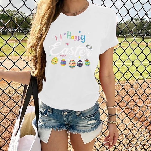 EQWLJWE Happy Easter Tshirt Woman Fun Cute Bunny Eggs Graphic Tee Shirt Hanging with Happy Easter Letter Print Novelty Tops for Work Office School White(S-2Xl)