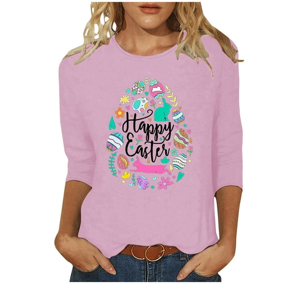 EQWLJWE Happy Easter Womens 3/4 Sleeve Cute Floral Eggs Graphic Letter Print Shirts Tops Fun Bunny Crewneck Tee Fun Cat 2024 Soft Shirts Blouse for Carnival Birthday Party(Pink,5XL)