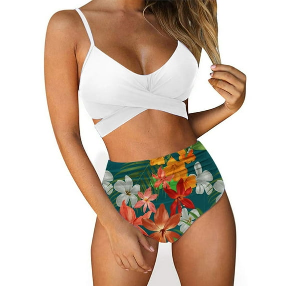 EQWLJWE High Waisted Bikini Swimwear Womens Bikini Set Swimsuit Deep V Neck Cut Out Sides Crisscross Back Adjustable Straps