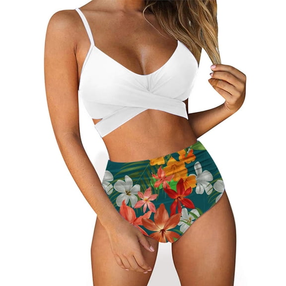 EQWLJWE High Waisted Bikini Swimwear Womens Bikini Set Swimsuit Deep V Neck Cut Out Sides Crisscross Back Adjustable Straps