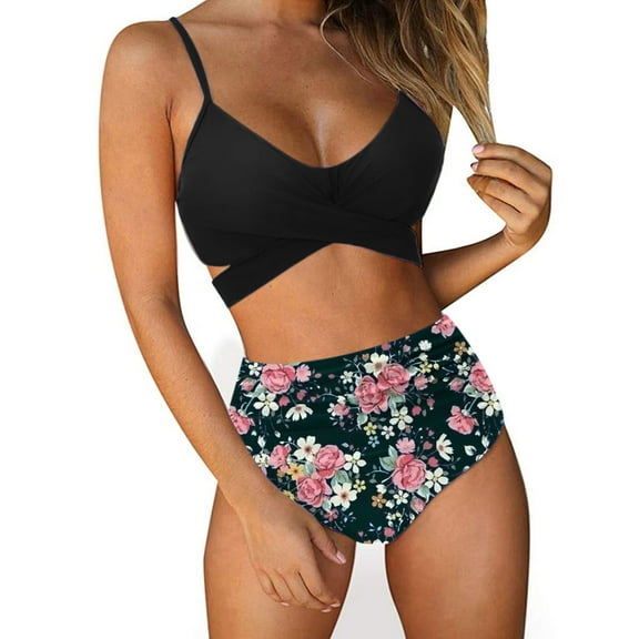 EQWLJWE High Waisted Bikini Swimwear Womens Bikini Set Swimsuit Deep V Neck Cut Out Sides Crisscross Back Adjustable Straps