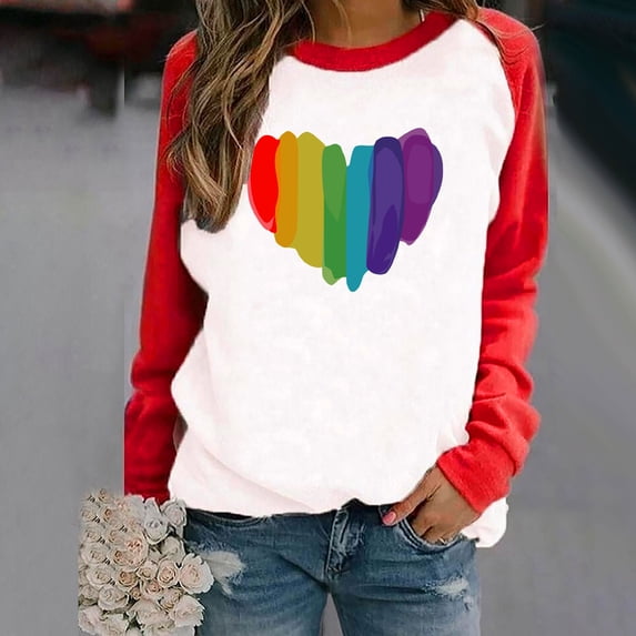 EQWLJWE Hoodie for Women Rainbows Heart Print Graphic T-Shirt Crew Neck Pride Tshirts Clothes CLong Sleeve Tops