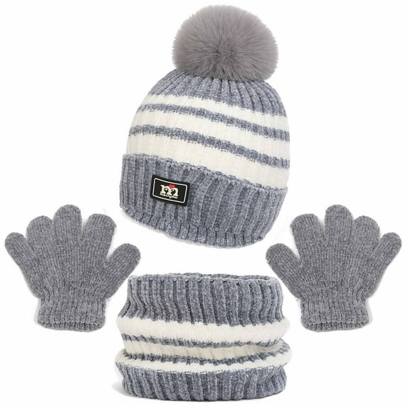 EQWLJWE Kids Winter Hat Scarf Gloves Set,Boys Girls Children Hats Beanie with Pom Knit Neck Warmer Gaiter Mittens Fleece Lined Set