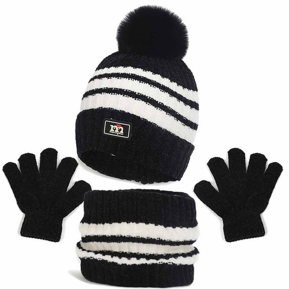 EQWLJWE Kids Winter Hat Scarf Gloves Set,Boys Girls Children Hats Beanie with Pom Knit Neck Warmer Gaiter Mittens Fleece Lined Set