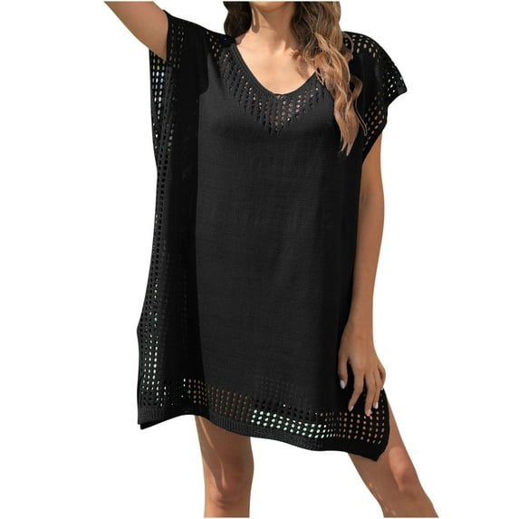 EQWLJWE Knite Crochet Beach Coverups for Women,Summer Beach Dress Solid Color Loose Fit Hollow Out Cover Up Dress Gift Black Free Size