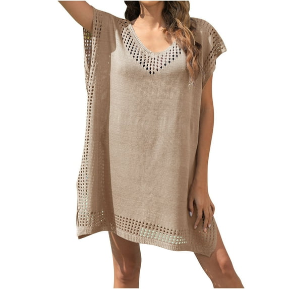 EQWLJWE Knite Crochet Beach Coverups for Women,Summer Beach Dress Solid Color Loose Fit Hollow Out Cover Up Dress Gift Khaki Free Size