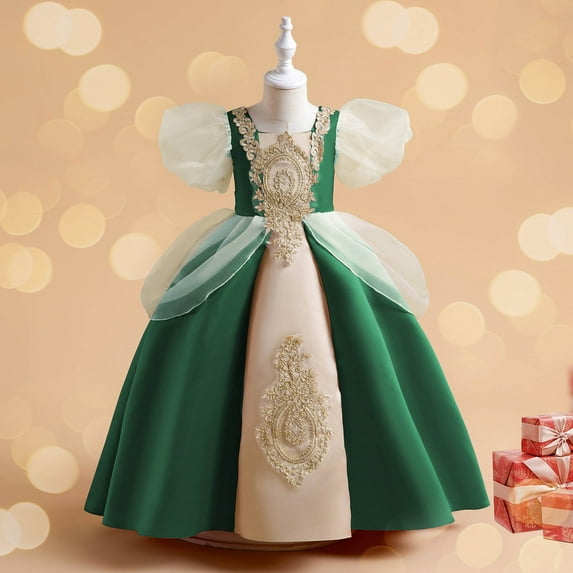 EQWLJWE Little Girl Satin Birthday Dress Cute Solid Color Floral Puff Sleeve Square Neck Ball Gown Prom Formal Special Occasions Princess Dress Gifts for Your Kids Green(3-12Y)