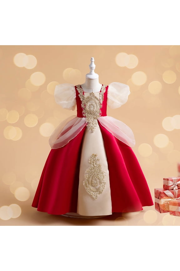 Little Girl Satin Birthday Dress Cute Solid Color Floral Puff Sleeve Square Neck Ball Gown Prom Formal Special Occasions Princess Dress Gifts for Your Kids Red(3-12Y)