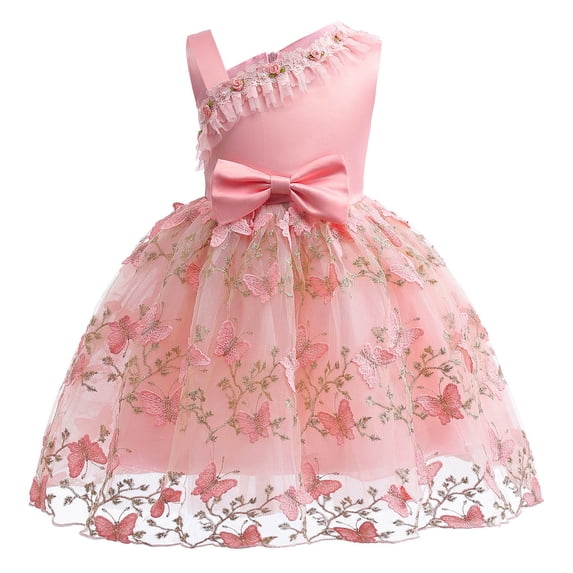 EQWLJWE Little Girls Birthday Dress Cute Solid Color Sleeveless Mesh Bow Ruffle Puffy Tulle Tutu Dress Ball Gown for New Year Party Wedding Pageant Prom (2-10Years)