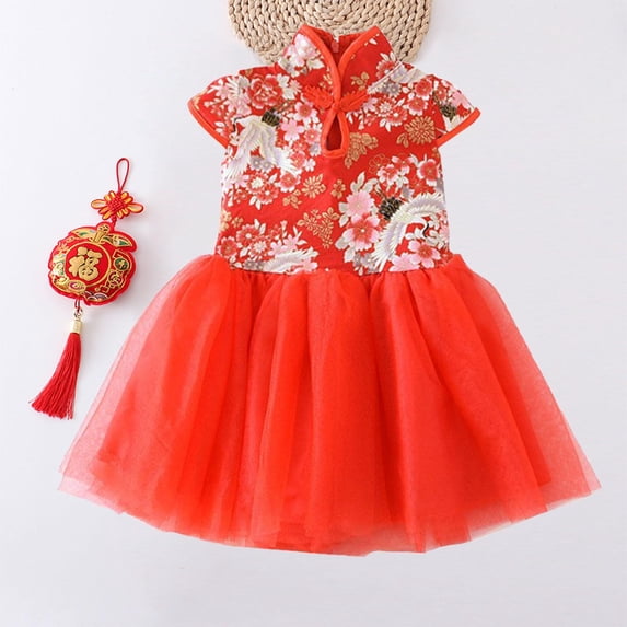EQWLJWE Little Girls Cheongsam Tutu Dresses Traditional Chinese Embroidery Short Sleeve Mesh Princess Gauze Dress for New Year Wedding Party Stage Performance(6M-9Y,Red)