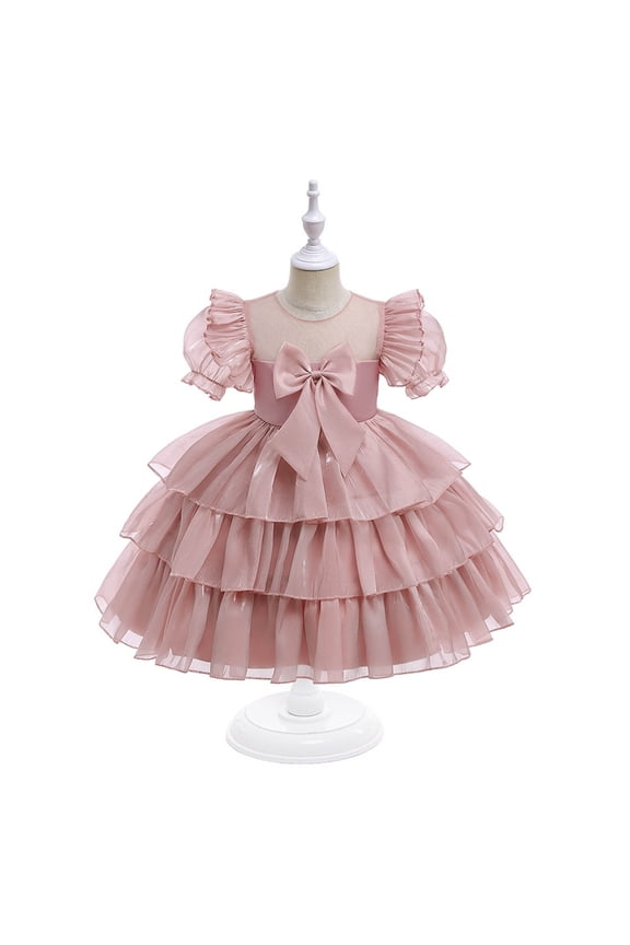 Little Girls Sweet Style Birthday Dress Princess Pageant Party Puff Sleeve Ruffle Tulle Tutu Dresses Cake Smash Photo Shoot Prom Gown Festive Gifts Pink(3-10Y)