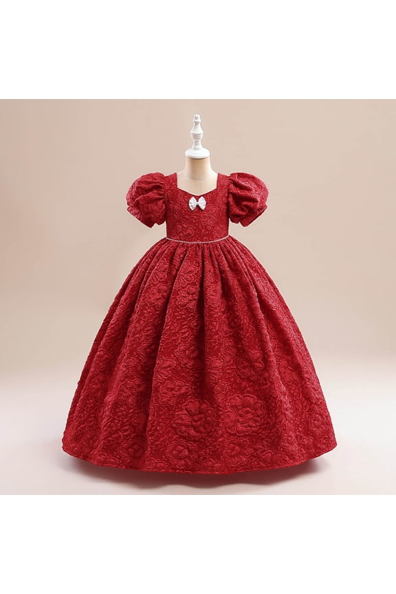 Little Girls Sweet Style Prom Ball Gown Charming Solid Color Flower Princess Dress Puff Sleeve Bridesmaid Wedding Party Maxi Dress for New Year Holiday Red(5-12Y)