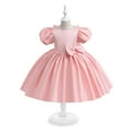 thumbnail image 1 of EQWLJWE Little Girls Sweet Wedding Dress Solid Color Puff Sleeve Bow Ruffles New Year Birthday Party Princess Gown for Stage Performance Dance Pink(4-12Y), 1 of 5