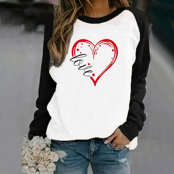 EQWLJWE Love Heart Shirt Valentines Day Plus Size Pullover Women Long Sleeve Tops Crewneck Sweatshirts Mother's Day