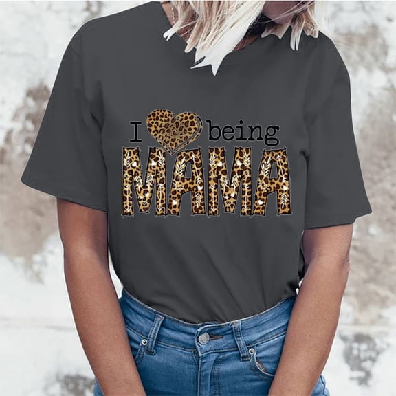 EQWLJWE Mama Letter Print Shirts for Women Leopard Print Graphic Mom Life T Shirts Mother's Day Blouse Casual Tee