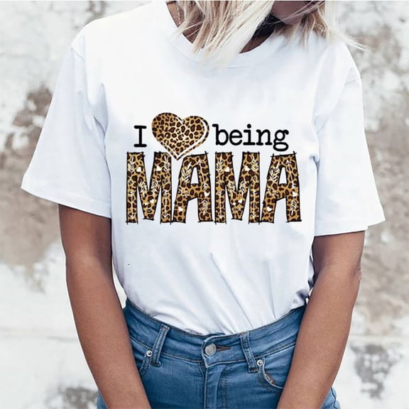 EQWLJWE Mama Letter Print Shirts for Women Leopard Print Graphic Mom Life T Shirts Mother's Day Blouse Casual Tee