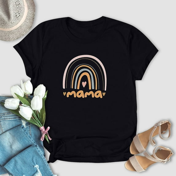 EQWLJWE Mama Shirt Women Mama Tshirt Rainbow Short Sleeve Shirt Mother Day Loose Cute Graphic Tees Tops