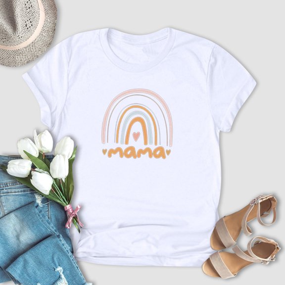 EQWLJWE Mama Shirt Women Mama Tshirt Rainbow Short Sleeve Shirt Mother Day Loose Cute Graphic Tees Tops