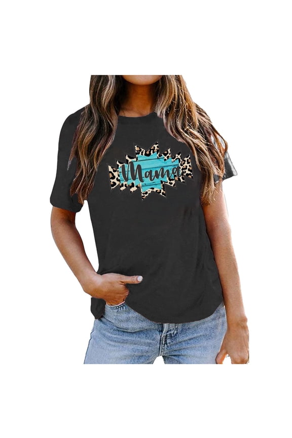 Mama Shirt Women Mama Vintage Bleached T-Shirt Funny Leopard Graphic Mama Shirts Summer Casual Short Sleeve Tee Tops