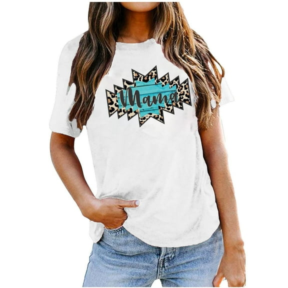EQWLJWE Mama Shirt Women Mama Vintage Bleached T-Shirt Funny Leopard Graphic Mama Shirts Summer Casual Short Sleeve Tee Tops