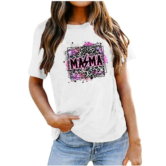 EQWLJWE Mama Shirt Women Tees Mama Lightning Bolt Short Sleeve Tee Mama Mini Sublimation Print Tops