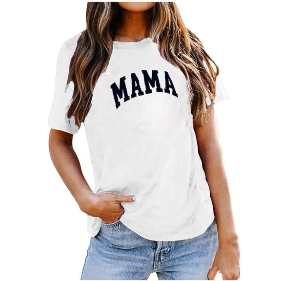 EQWLJWE Mama Shirt for Women Mama Letter Print T-Shirt Funny Mama Graphic Tees Casual Short Sleeve Mom Life Tops Tee