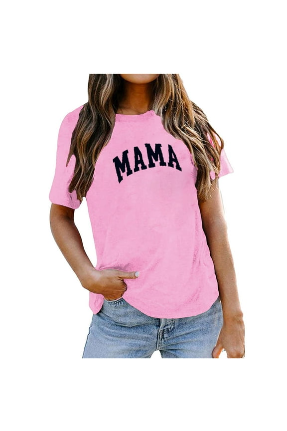 Mama Shirt for Women Mama Letter Print T-Shirt Funny Mama Graphic Tees Casual Short Sleeve Mom Life Tops Tee