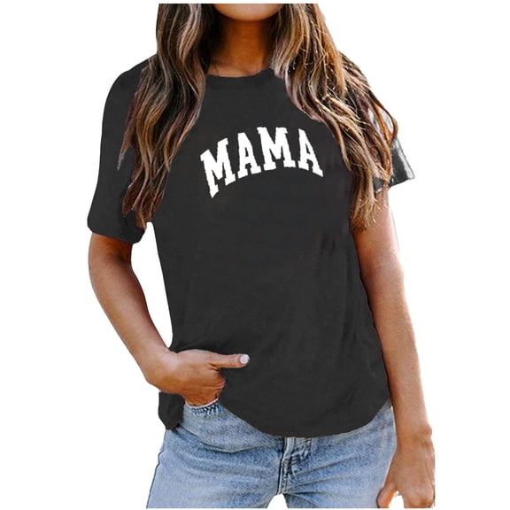 EQWLJWE Mama Shirt for Women Mama Letter Print T-Shirt Funny Mama Graphic Tees Casual Short Sleeve Mom Life Tops Tee