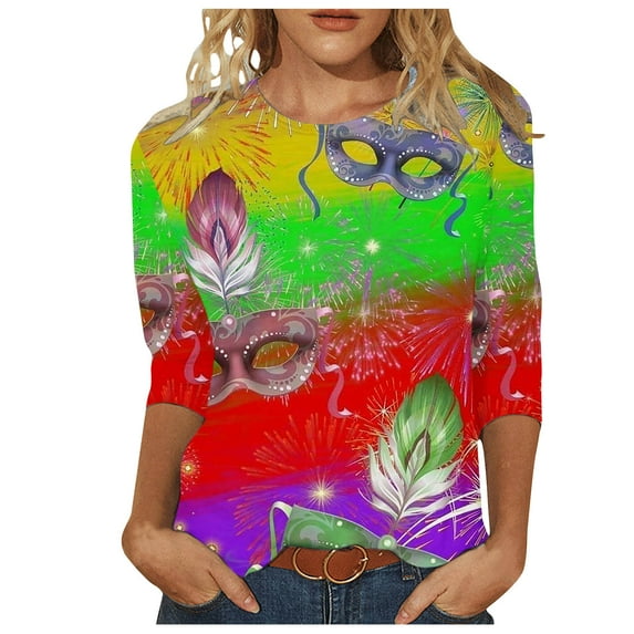 EQWLJWE Mardi Gras Shirts for Women Carnival Themed T shirt 3/4 Sleeve Print Tops Crew Neck Pullover Gift Multicolor L