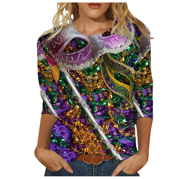 EQWLJWE Mardi Gras Shirts for Women Carnival Themed T shirt 3/4 Sleeve Print Tops Crew Neck Pullover Gift Multicolor M
