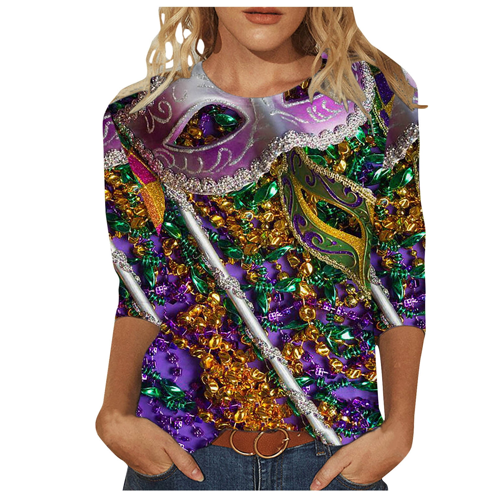 EQWLJWE Mardi Gras Shirts for Women Carnival Themed T shirt 3/4 Sleeve ...