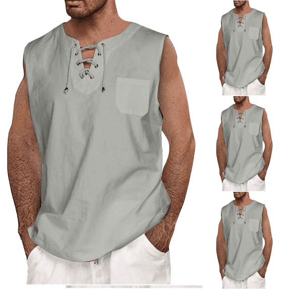 EQWLJWE Men's 3 Pack Cotton Linen Tank Top Shirts Casual Sleeveless Lace Up Beach Hippie Tops Bohemian Renaissance Pirate Tunic
