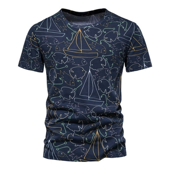 EQWLJWE Men's Short Sleeve Shirt Men's Fashion Casual Neck Pullover Summer Cotton Comfort Print Short Sleeve T Shirt Top