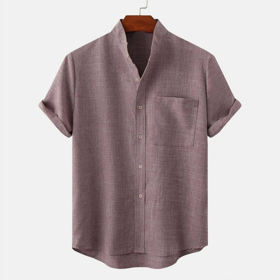 EQWLJWE Men's Short Sleeve Shirt Men's Round Neck Pocket Button Solid Cotton Linen Short Sleeve Shirt