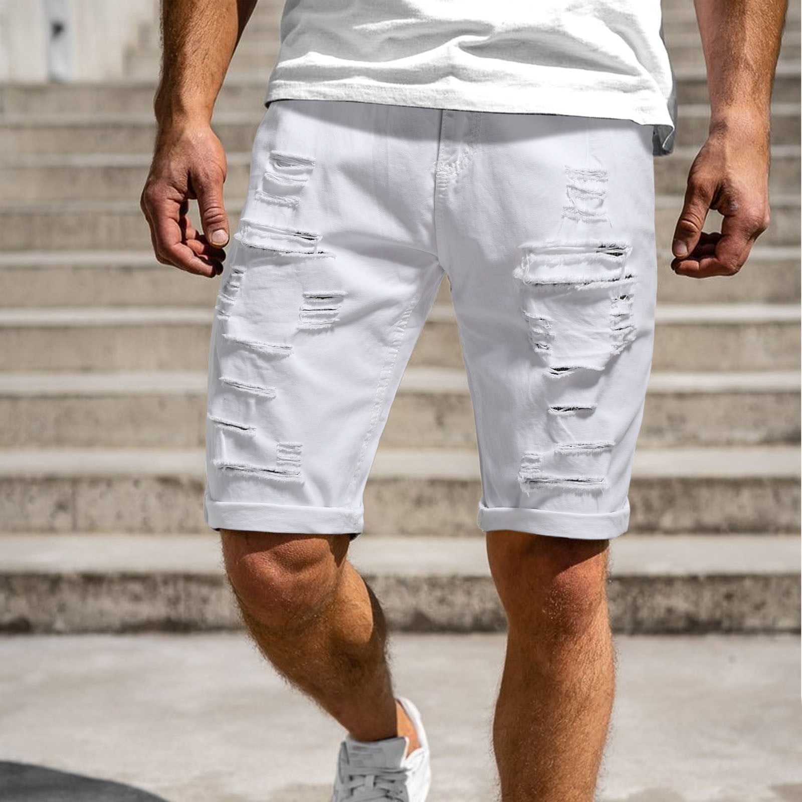 EQWLJWE Men s Summer Ripped Distressed Slim Fit Knee Length Washed Denim Jeans Shorts