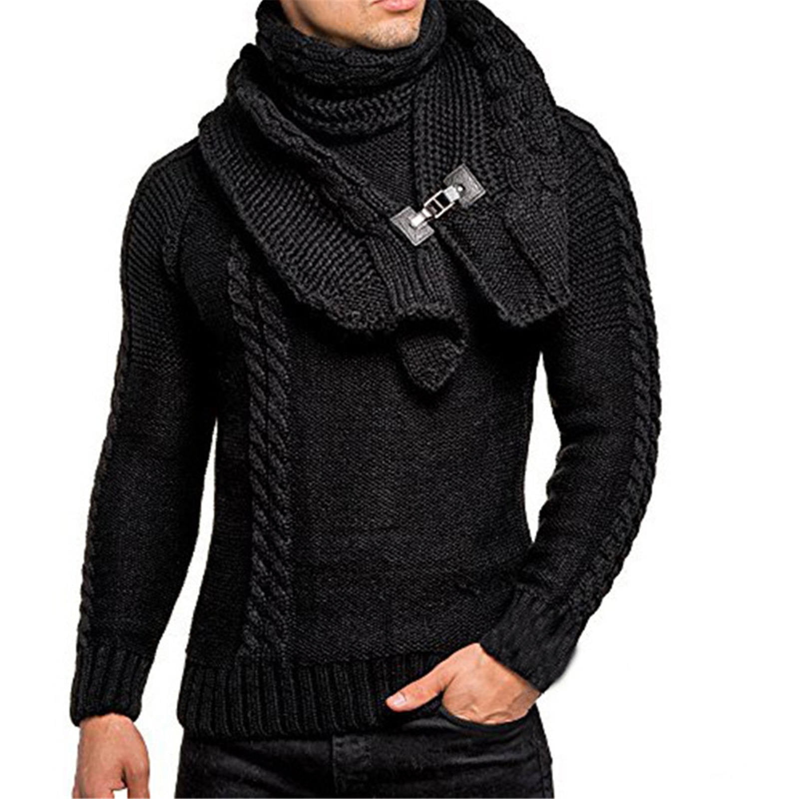 EQWLJWE Men's Winter Casual Neck Wrap Head Long Sleeve Sweater In