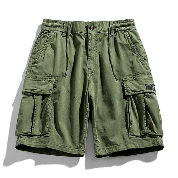 EQWLJWE Mens Cotton Cargo Shorts Elastic Waist Drawstring Zipper Shorts Outdoor Lightweight Shorts with Multi Pockets Green L